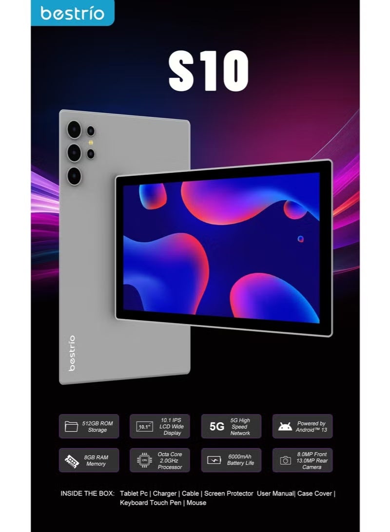 BESTRIO Tab S10 Tablet PC – 10.1" HD Display, Octa-Core 5G Tablet, 6GB RAM + 128GB Storage, Android 13, Dual SIM, Includes Keyboard, Mouse, Stylus & Protective Case – Grey/Blue - Image 3